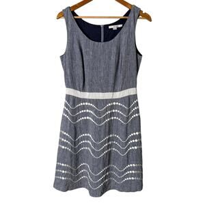 Boden 100% Linen Chambray Embroidered Fit & Flare‎ Sun Dress Sleeveless, Size 8